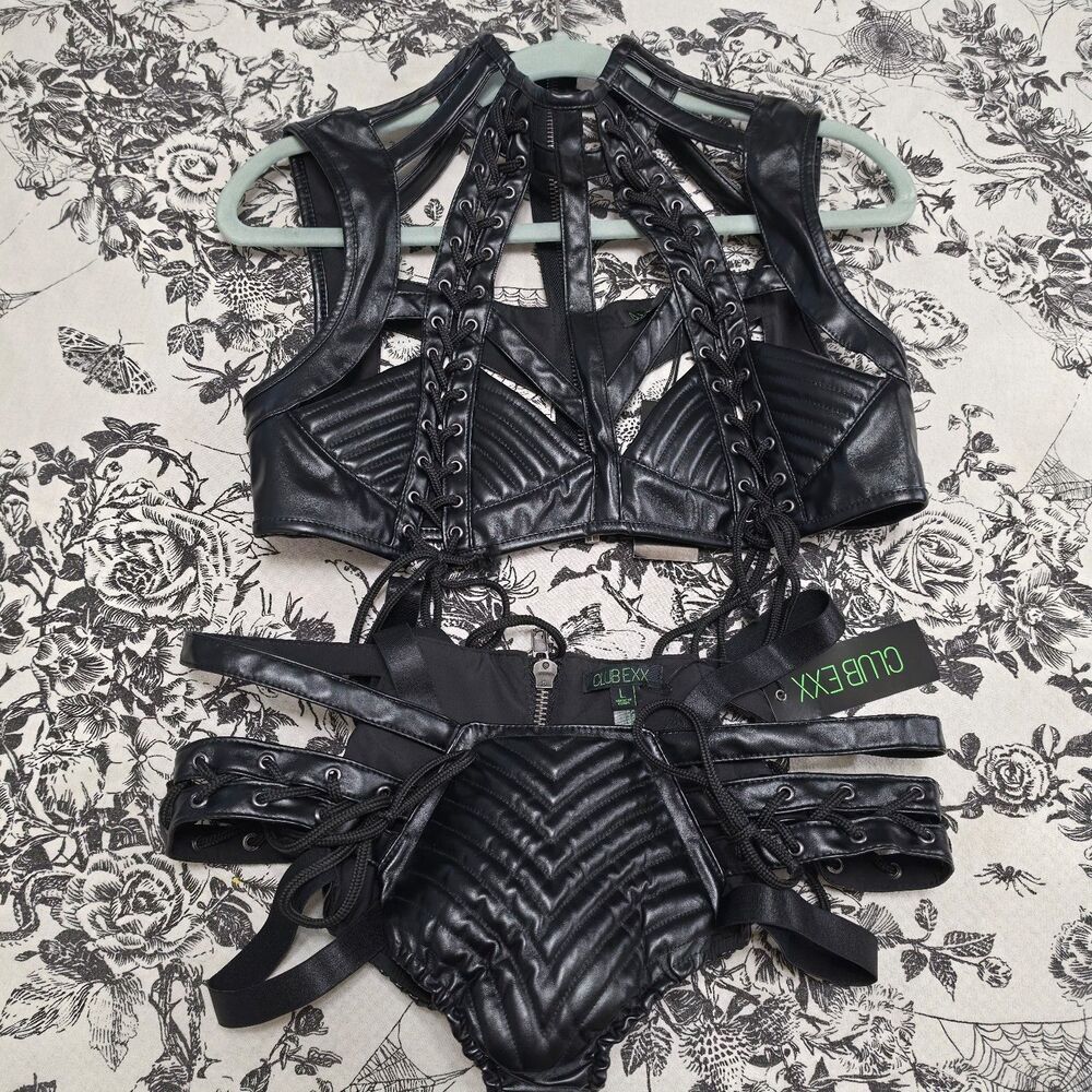 Dolls Kill Rude Awakening Harness Top and Strappy Bottom Set Black